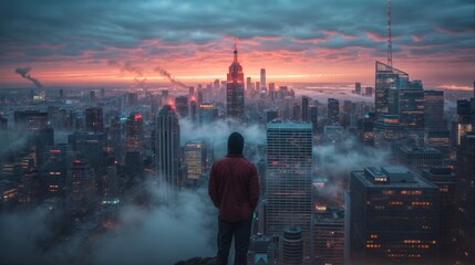 Man standing on top of a mountain looking at the city skyline at sunset