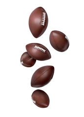 American football balls falling on white background