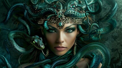a beautiful illustration painting of the beautiful greek mythology gorgon medusa with snakes on her head hair. wallpaper background 16:9