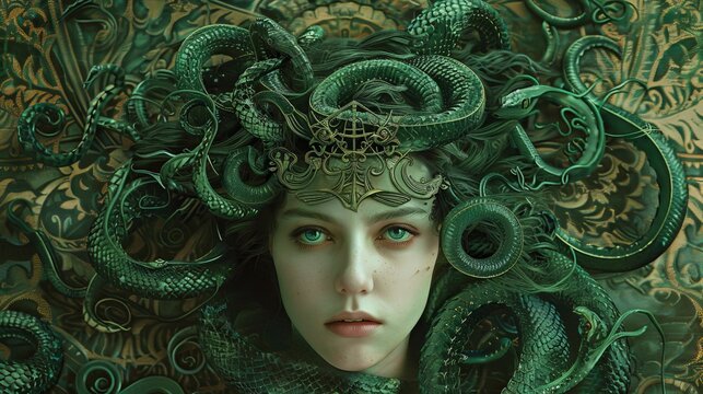 a beautiful illustration painting of the beautiful greek mythology gorgon medusa with snakes on her head hair. wallpaper background 16:9