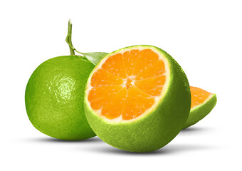 Fresh green tangerines isolated on white. Citrus fruit