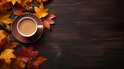 Obraz na płótnie Canvas Flat lay composition with cup of hot drink and autumn leaves on brown background, space for text. Cozy atmosphere