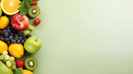 Assorted fresh fruits on green background. Healthy eating and diet concept with copy space for design and print. - obrazy, fototapety, plakaty