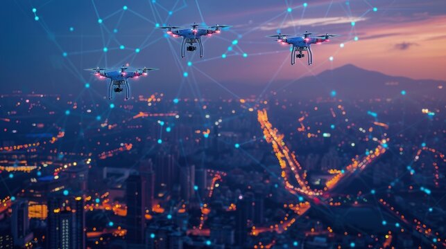 In the fading light of dusk, drones survey a sprawling cityscape veiled in mist, hinting at the intersection of technology and urban life.