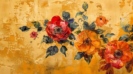 Abstract Oil Painting Technique with Flowers and Leaves on Golden Paper Texture, Stylish Futuristic Floral Art for Prints and Decor