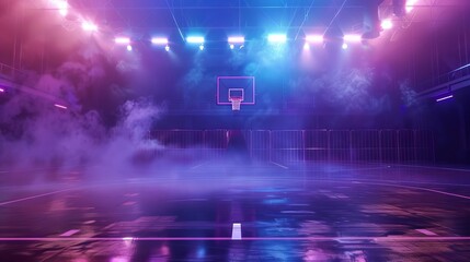 Atmospheric basketball court illuminated by neon lights with dramatic smoke, futuristic sports arena - obrazy, fototapety, plakaty