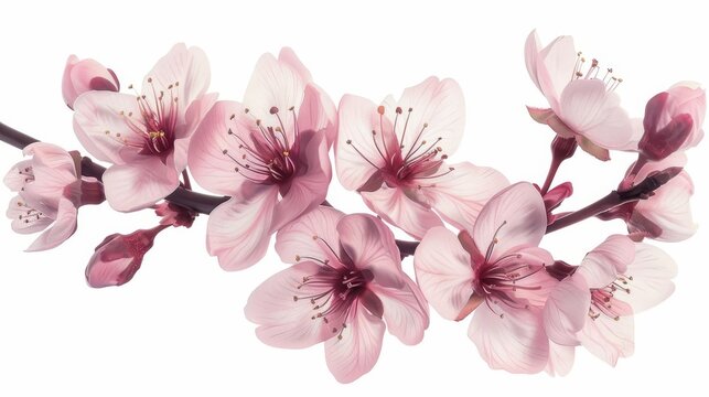 Beautiful isolated sakura flowers on white background, spring blossom illustration