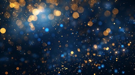 Dark blue and gold abstract Christmas background with shining particles and bokeh lights