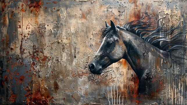 Contemporary abstract paintings with metal elements, textured backgrounds, horses, and animals, modern art