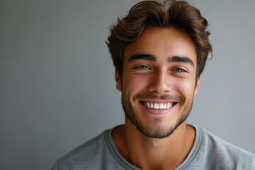 Attractive guy with a snow-white smile on a gray background