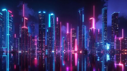 Futuristic cityscape at night, glowing neon lights illuminating skyscrapers and urban infrastructure