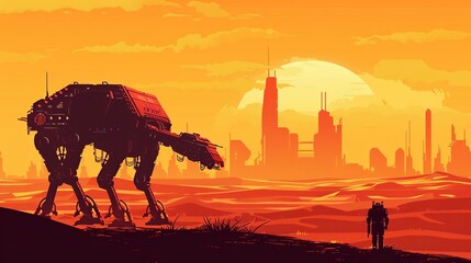 Futuristic Desert Landscape Illustration with Animal Robot Walking, Silhouetted City on the Horizon, Apocalyptic Sci-Fi Scene