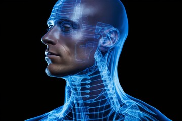 Artistic x-ray depiction of human head with blue glow in profile view, unusual and creative image