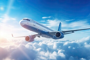Fototapeta na wymiar Airplane flying in the air with sunlight shining in blue sky background. Travel journey and Wanderlust transportation concept