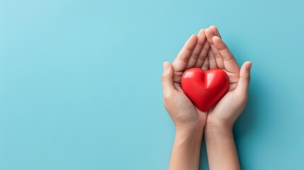 Fototapeta premium Hands Holding Red Heart on Blue Background, Love and Compassion Concept