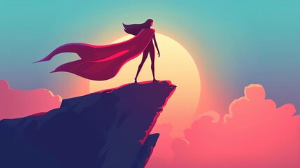Obraz na płótnie Canvas Heroic woman with cape standing on cliff, empowering illustration concept