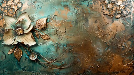 Harmonious abstract composition with floral elements, textured background, and metallic accents, modern painting - obrazy, fototapety, plakaty