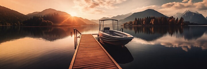 Naklejka premium Small boat docked at wooden pier at a lake