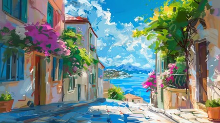 Picturesque Mediterranean Coastal Town with Vibrant Architecture, Digital Oil Painting