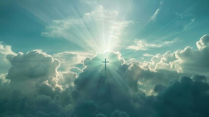 Radiant Cross in Cloudy Sky with Sunrays, Power of Faith and Spirituality Concept - obrazy, fototapety, plakaty