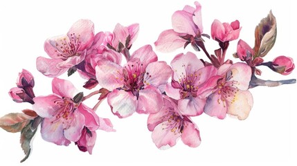 Naklejka premium Realistic Watercolor Illustration of Beautiful Sakura Flowers Isolated on White Background, Spring Blossom Concept