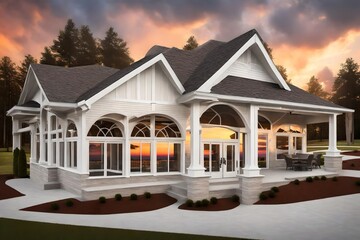 New construction community club house with white covered porch, gable roof with semi circle window and dramatic sunset sky - obrazy, fototapety, plakaty