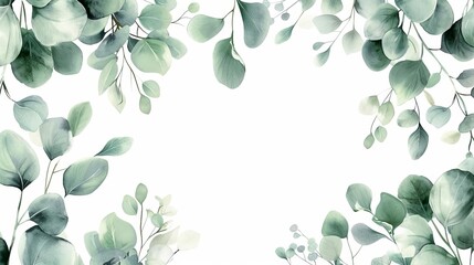 Serene watercolor border frame with delicate eucalyptus leaves and twigs - obrazy, fototapety, plakaty