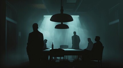 Shadowy mafia meeting in dimly lit room, plotting underworld moves, atmospheric illustration - obrazy, fototapety, plakaty