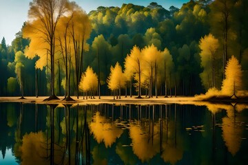 Blurred nature background view of naturally occurring trees and reflection on the water surface, the beauty  - obrazy, fototapety, plakaty