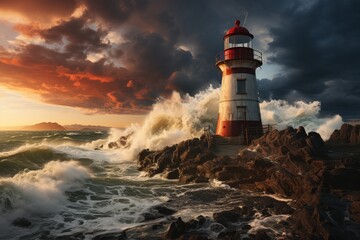 Lighthouse beacon stands tall on rocky shore, waves crashing under cloudy sky - Powered by Adobe