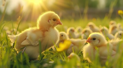 Adorable Fluffy Chicks Enjoying Sunlight in Lush Green Meadow