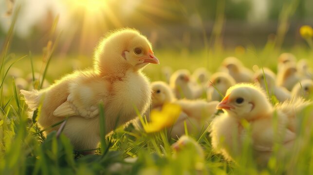 Adorable Fluffy Chicks Enjoying Sunlight in Lush Green Meadow