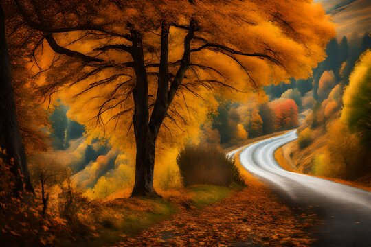 Scenic view of hilly road passing through autumn tree