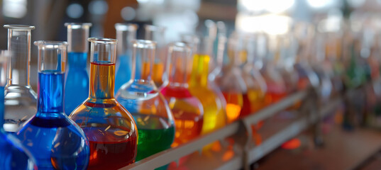 glass beakers and vials in a laboratory filled with chemicals and experiments  - obrazy, fototapety, plakaty
