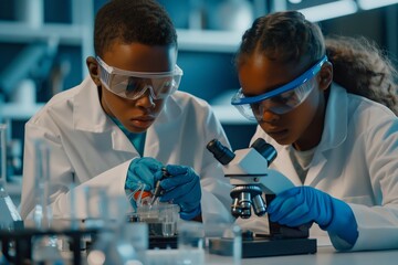 two young child scientist learning science in the school laboratory