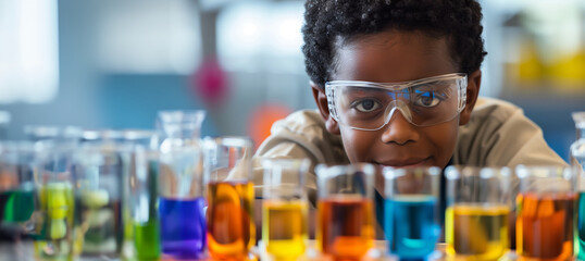 a young happy child scientist learning science in the school laboratory