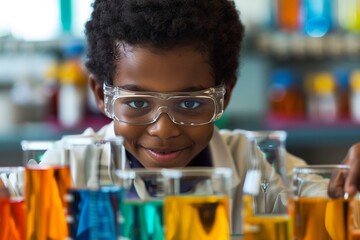 a young happy child scientist learning chemistry in the school laboratory