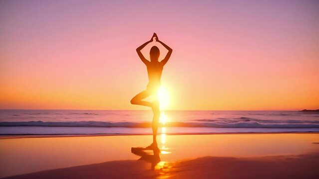 woman is doing yoga on the beach at sunset. The sky and the water is calm,  meditation, exercise, healthy, silhouette, nature, pose, relaxation, health, fitness, body, lifestyle, balance