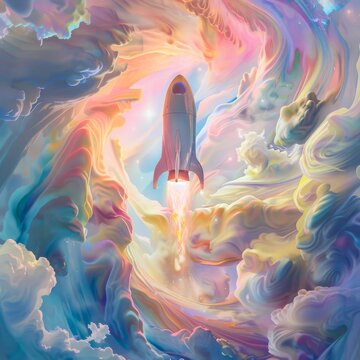 A floating holographic rocket surrounded by swirling ethereal clouds
