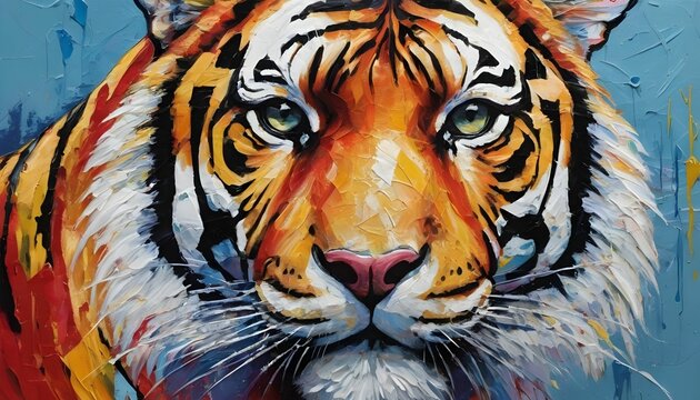 portrait art - Colorful abstract oil acrylic painting of colorful tiger, pallet knife on canvas created with generative ai