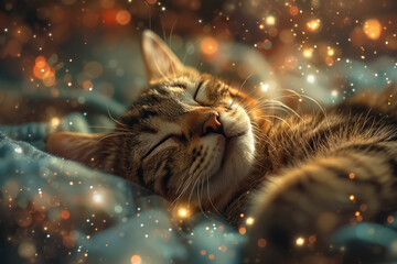 dreamy cat slumber amidst twinkling lights - obrazy, fototapety, plakaty