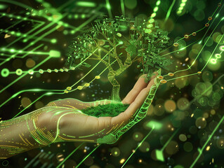 Illustrate the intersection of a hand and a binary code tree