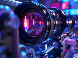 Detailed exploration of a lenss optical design in a lab environment from the zoom mechanism to the colorful effects of lens elements - obrazy, fototapety, plakaty