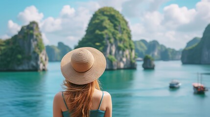 Young woman traveler with hat looking at beautiful view - obrazy, fototapety, plakaty