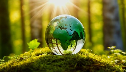 Global climate protection, environment concept, ecology - Crystal ball earth globe on moss in green forest with sunshine wallpaper for world earth environment day created with generative ai