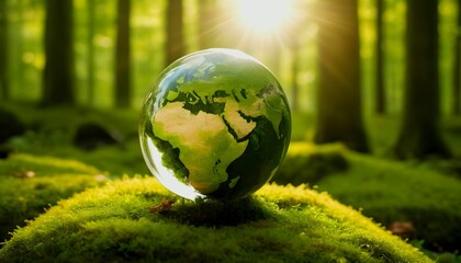 Global climate protection, environment concept, ecology - Crystal ball earth globe on moss in green forest with sunshine wallpaper for world earth environment day created with generative ai - obrazy, fototapety, plakaty
