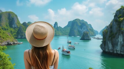 Young woman traveler with hat looking at beautiful view