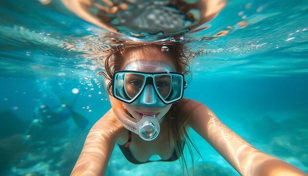 Young woman in snorkeling mask swimming underwater