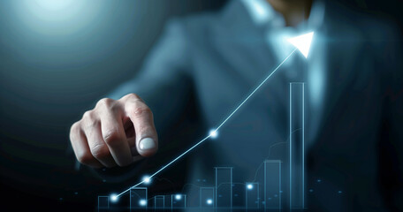 Businessman Interacting with Glowing Growth Arrow on Virtual Screen. Development and growth concept.