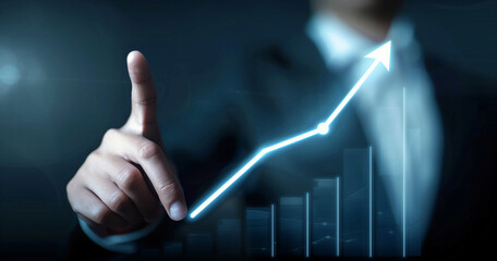 Businessman Interacting with Glowing Growth Arrow on Virtual Screen. Development and growth concept.